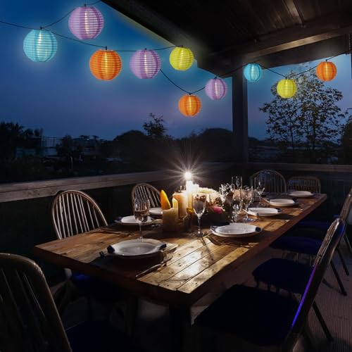 LED Solar Lichterkette Lampion für Außen Garten Balkon Terrasse Lampionkette mit 10 bunten Lampions 4,5m 8 Modi Outdoor Lichterkette Girlande Solarbeleuchtung (bunt (gelb, lila, orange, türkis)) von MARELIDA