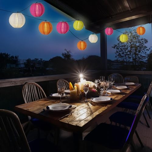 LED Solar Lichterkette Lampion für Außen Garten Balkon Terrasse Lampionkette mit 10 bunten Lampions 4,5m 8 Modi Outdoor Lichterkette Girlande Solarbeleuchtung (bunt (gelb, orange, pink, weiß)) von MARELIDA