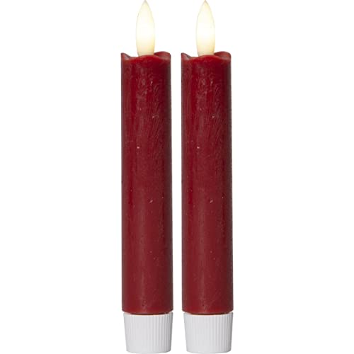 LED Stabkerzen Flamme - Echtwachs - flackernde warmweiße LED - Timer - 2er Set (15cm, rot) von MARELIDA