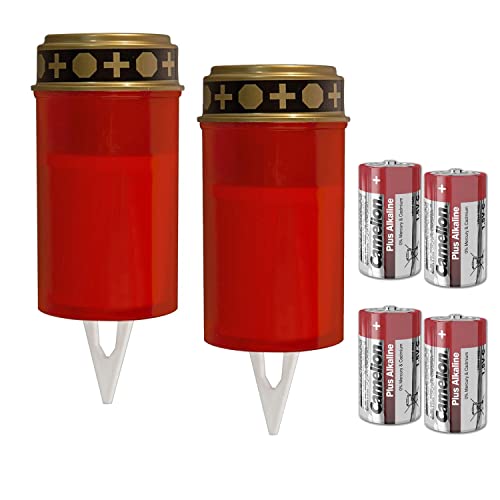 MARELIDA LED Grablicht SET rot - inklusive Batterien - Flackerflamme - inkl. Timer - Erdspieß - LED Grabkerze von MARELIDA