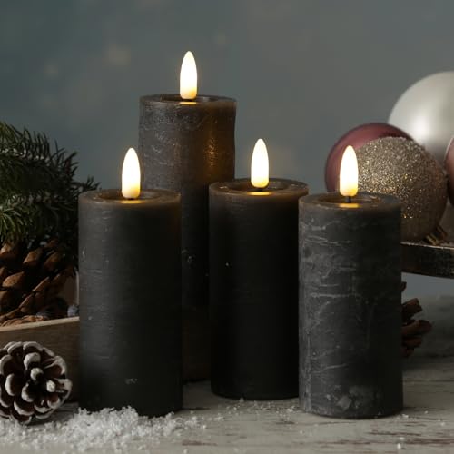 MARELIDA LED Kerze in Rustik Optik Echtwachskerzen Stumpenkerzen mit leicht flackernder Flamme und Timer Wachskerze für Innen kerzenset Adventskranzkerzen in grau (D: 5cm - 4er Set Kerzen) von MARELIDA