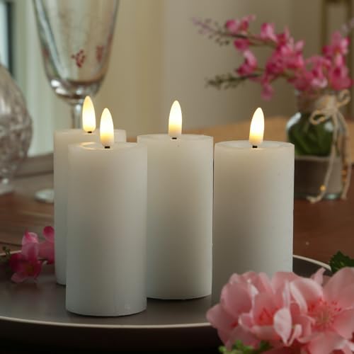 MARELIDA LED Kerzen in Rustik Optik Echtwachskerzen Stumpenkerzen mit leicht flackernder Flamme und Timer Wachskerzen Adventskranzkerzen Kerzenset für Innen in weiß (D: 5cm - 4er Set Kerzen) von MARELIDA