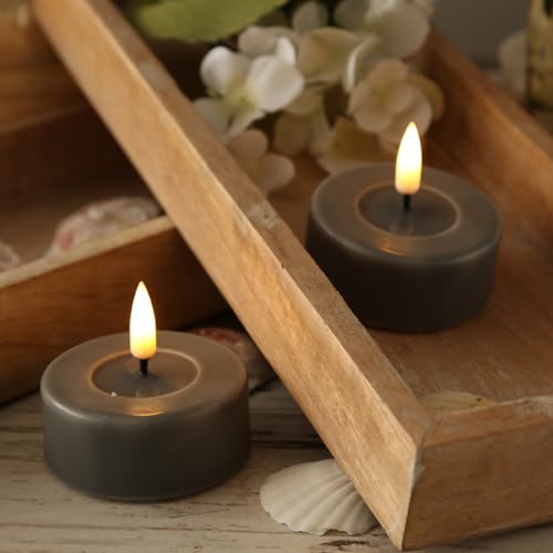 MARELIDA LED Maxi Teelichter Echtwachsteelichter Deluxe Homeart mit realistischer 3D Flamme mit Wachsspiegel Teelichter-Set für Innen grau (2 Teelichter groß) von MARELIDA