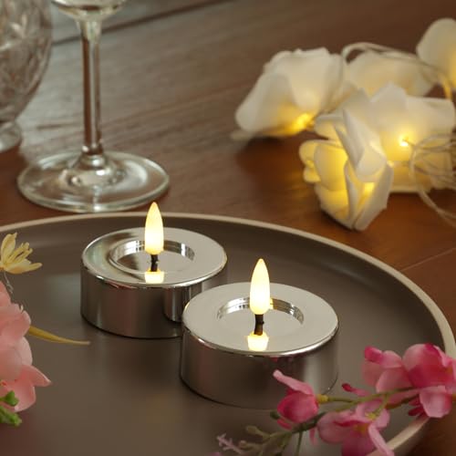 MARELIDA LED Maxi Teelichter silber glänzend festliche Kunststoff Teelichter mit Timer flackernd Jumbo Teelichter Set Batterieberieben für Innenbereich (2 Teelichter groß) von MARELIDA