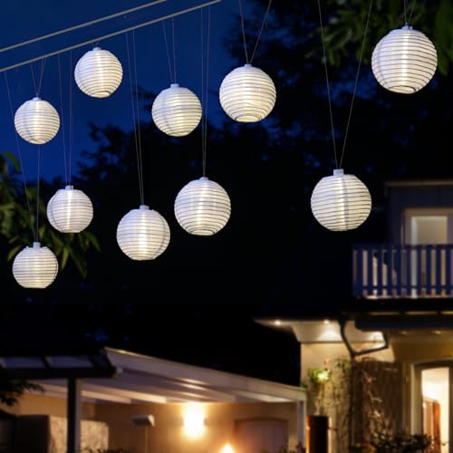 MARELIDA LED Solar Lichterkette Lampion für Außen Garten Balkon Terrasse Lampionkette mit 10 weißen Lampions 4,5m 8 Modi Outdoor Lichterkette Girlande Solarbeleuchtung (weiß) von MARELIDA