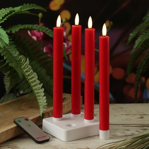 MARELIDA LED Stabkerzen Tafelkerzen mit Ladestation Fernbedienung Timer Echtwachs Dinnerkerzen Tafelkerzen wiederaufladbar 4er Set (rot) von MARELIDA