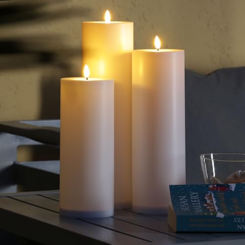 MARELIDA XXL LED Kerze Outdoorkerze Timer Sensor weiß für Innen Außen (3er Set Kerzen) von MARELIDA
