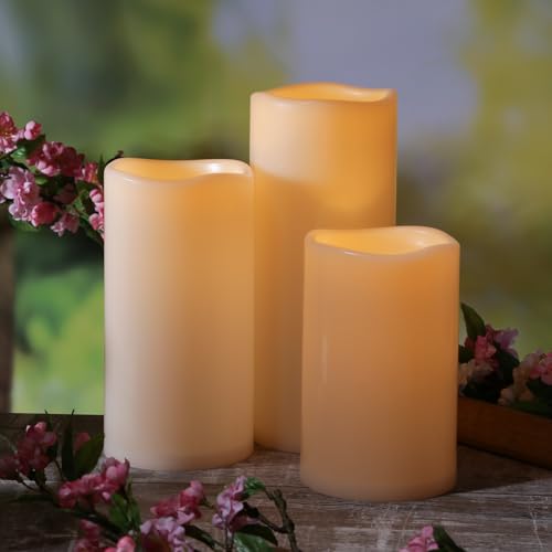 MARELIDA XXL LED Kerze outdoor Kunststoffkerze Außenkerzen mit Timer creme D: 12,5cm batteriebetrieben Gartendekoration für Außen (3er Set) von MARELIDA