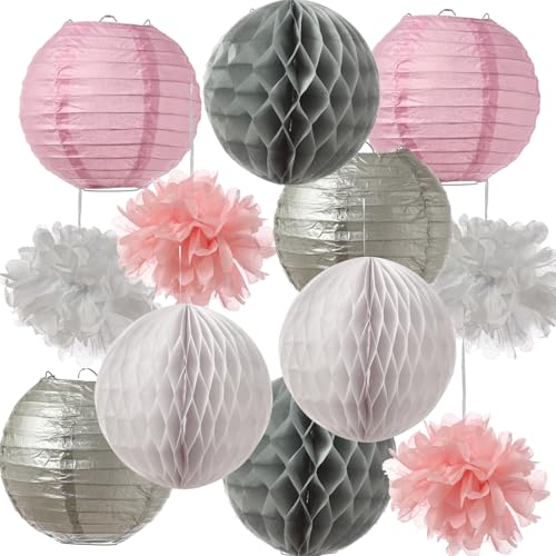 Partyset Papierdekoration 12-teilig Pompons Lampions Wabenbälle Party Deko für Hochzeit Geburtstag Babyparty Muttertag Dekorationsset für Einschlungsparty (grau-weiß-rosa) von MARELIDA