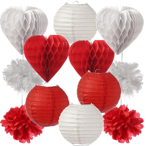 Partyset Papierdekoration 12-teilig Pompons Lampions Wabenbälle Wabenherzen Party Deko für Hochzeit Muttertag Geburtstag Dekorationsset (rot-weiß) von MARELIDA
