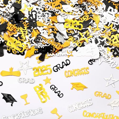 MARFOREVER Graduation Deko Konfetti Schwarz Gold, 2025 Bachelor Deko Tischdeko Abschlussfeier Deko Prüfung Bestanden Deko Abschluss Deko Confetti Abschluss Hut für Congratulations Grad von MARFOREVER