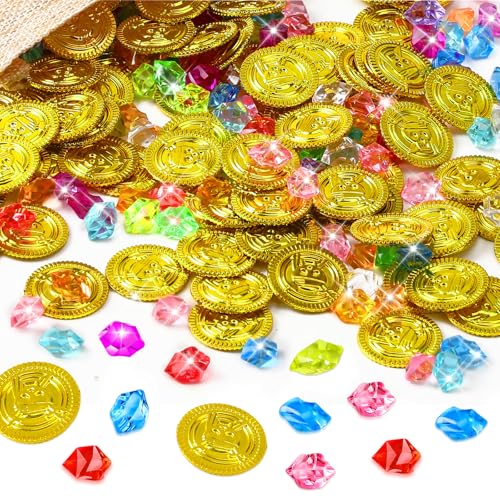 MARFOREVER 246 Stück Goldmünzen Piratenschatz Set, 145 Edelsteine mit 100 Goldmünzen Kinder und Piraten Schatzbeutel für Halloween Piraten Deko Kindergeburtstag Schatzkiste Kindergeburtstag von MARFOREVER