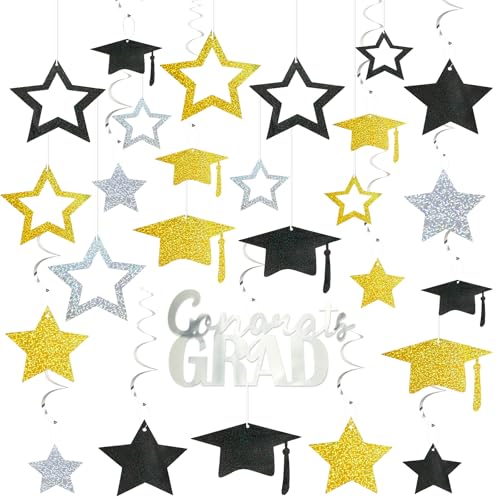 MARFOREVER 48-teiliges Set mit glitzernden Party-Dekorationen in Schwarz, Gold, Silber, Abschlusshut und Sterne, hängende Wirbeldecke für 2025, High School, College, Klassenzimmer, Partyzubehör von MARFOREVER