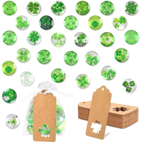 MARFOREVER 90 Stück Vierblättriges Kleeblatt Glassteine Sets, 25 mm Kleeblatt Glücksbringer Glassteine mit Organzasäckchen und Geschenkanhänger für Schmuckherstellung Heimdekoration DIY Handwerkliche von MARFOREVER