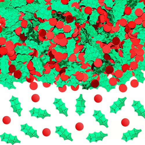 MARFOREVER Weihnachten Glitzer Konfetti, Weihnachten Metallfolie Botanisches Konfetti Grüne Blätter Rote Punkte Streutischdekorationen Streusel Tischblatt für Partyzubehör von MARFOREVER