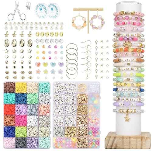 Perlenkit mit 7200 Stück für DIY-Armbänder und Schmuck, 6 mm bunte Perlen, Buchstaben, elastische Fäden, Haken und Scheren zum Kreieren von Halsketten, Ohrringen. Für Erwachsene und Kinder von MARIMIYA