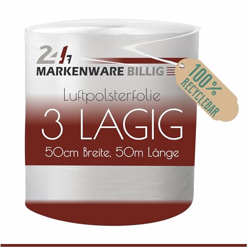 MARKENWARE BILLIG - Luftpolsterfolie 3 lagig, Verpackungsfolie 3-lagig, Luftpolster Blisterfolie Noppenfolie Polsterfolie Umzug 1m Knallfolie Polstermaterial Transparent (100cm x 50m) (50cm x 50m) von MARKENWARE BILLIG