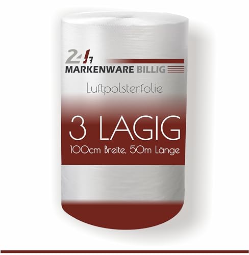 MARKENWARE BILLIG - Luftpolsterfolie 3 lagig, Verpackungsfolie 3-lagig, Luftpolster Rolle Blisterfolie Noppenfolie Polsterfolie Umzug 1m Knallfolie Polstermaterial Transparent (100cm x 50m) von MARKENWARE BILLIG