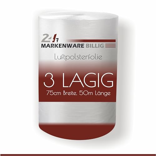 MARKENWARE BILLIG - Luftpolsterfolie 3 lagig, Verpackungsfolie 3-lagig, Luftpolster Rolle Blisterfolie Noppenfolie Polsterfolie Umzug 1m Knallfolie Polstermaterial Transparent (75cm x 50m) von MARKENWARE BILLIG