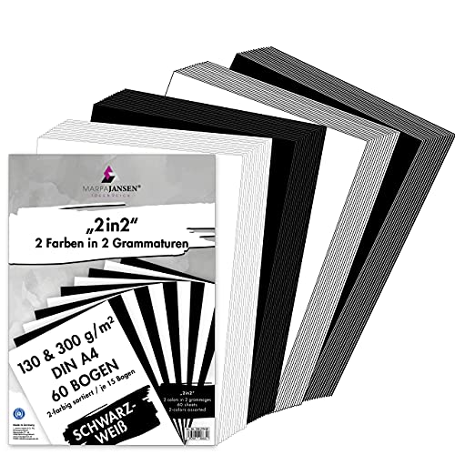 MarpaJansen 2in2-Pack, 60 Bogen, 2 Farben, 2 Grammaturen, DIN A4, je 15 Bogen Fotokarton schwarz & weiß 300 g/m² & je 15 Bogen Tonzeichenpapier schwarz & weiß 130 g/m² MarpaJansen 2in2-Pack, 60 Bogen, 2 Farben, 2 Grammaturen, DIN A4, je 15 Bogen Fotokarton schwarz & weiß 300 g/m² & je 15 Bogen Tonzeichenpapier schwarz & weiß 130 g/m² von MARPAJANSEN