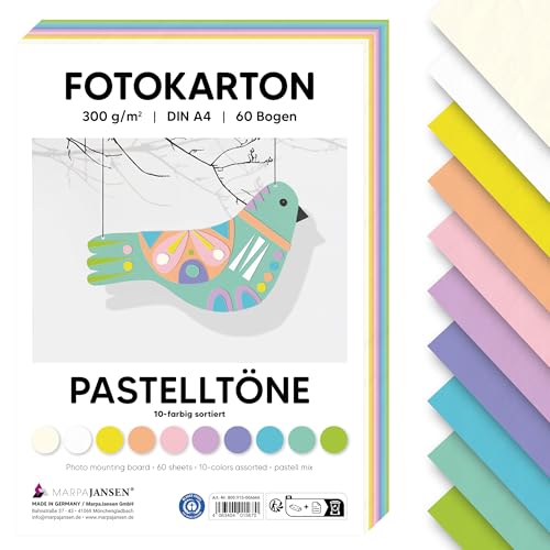MarpaJansen Fotokarton Pastell DIN A4 zum Basteln & Gestalten | 60 Bogen in 10 Farben, 300 g/qm² stabile Pappe | Blauer Engel zertifiziert, ideal für Karten & DIY Projekte von MARPAJANSEN