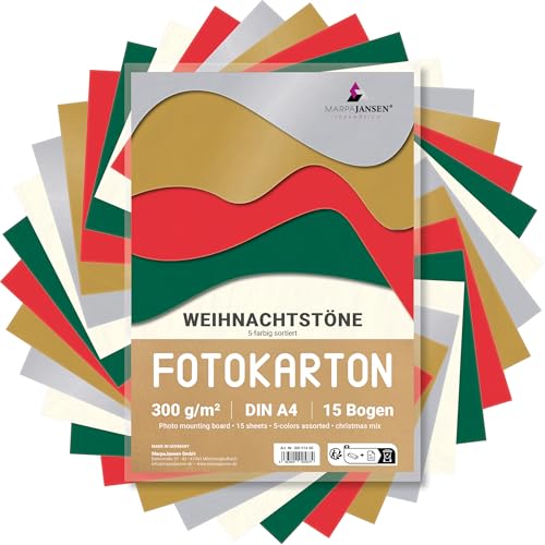 MarpaJansen Fotokarton in 5 Weihnachtsfarben, DIN A4, 15 Bogen, 300 g/qm von MARPAJANSEN