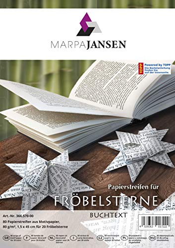 MarpaJansen Papierstreifen für Fröbelsterne - (1,5 x 45 cm, 80 Streifen, 80 g/m²) - Motivpapier - Buchtext von MARPAJANSEN