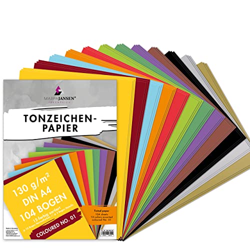 MarpaJansen Tonpapier 130g Bunt - DIN A4-104 Blatt - 12 Farben - Tonpapier zum Basteln - Papier zum basteln Bunt von MARPAJANSEN