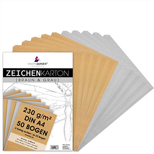 MarpaJansen Zeichenkarton in braun & grau Matt, DIN A4, 50 Bogen, 230g/m² fester Recyclingkarton für Skizzen, Zeichnungen und Kunstwerke von MARPAJANSEN