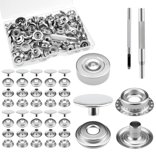 MARRTEUM 120 Stück (30 Sets) Leder-Druckknöpfe mit 3 Setter-Werkzeugen, 15 mm Edelstahl-Nähknöpfe, Set für Leder, Kleidung, Stoff, Taschen, Leinwand, DIY Handwerk (Silber) von MARRTEUM