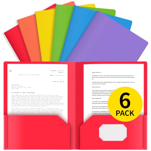 Kunststoff-Ordner mit Taschen (verschiedene Farben, 6 Stück) – strapazierfähige, robuste Ordner mit 2 Taschen, Aktenordner mit Visitenkartenschlitz, Briefgröße für Schule, Büro oder Zuhause von MARZONY