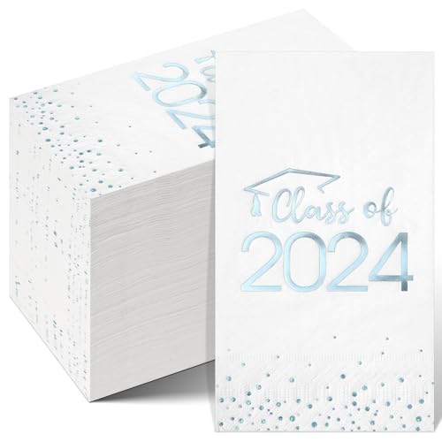 100 Stück Abschlussservietten, Einweg-Servietten, Cocktail-Servietten, Folien-Punkt-Papierhandtücher für 2024 High School, Universität, College, Abschlussfeier, Party-Dekorationen (hellblau) von MASHAN