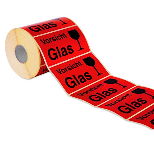 Etiketten Aufkleber Vorsicht Glas rot 1000 Stück extra groß 145x76mm Warnetikett auf Rolle 597101 - Menge wählbar von MASHPAPER