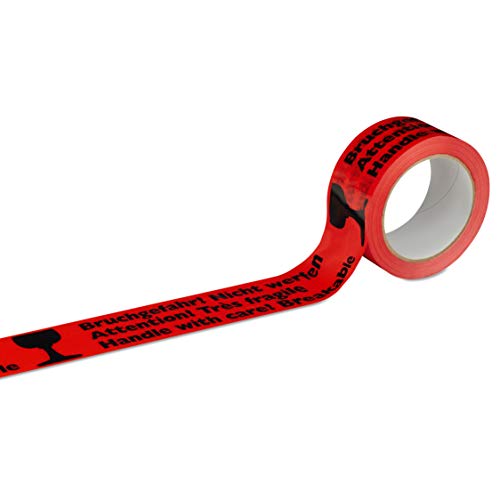 Warnband Klebeband Packband Bruchgefahr Bitte Nicht werfen rot mit schwarzem Druck - 50 mm breit x 66 m lang (6) von MASHPAPER