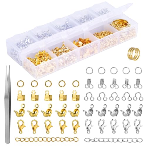 MASPHY Kettenverschluss, 923 Stück Armband Verschluss Set, 100 Stück 12mm Karabinerverschluss, 600 Stück Offene Biegeringe, 120 Stück Perlenspitzen für Halsketten Armband, Schmuck Basteln DIY von MASPHY