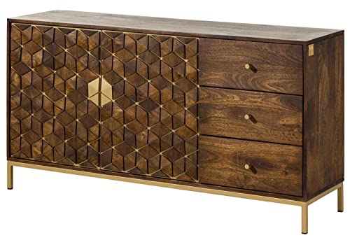 MASSIVMOEBEL24.DE Diamond Sideboard massives Mango Holz auf Eisengestell, Kommode braun geöltes Massivholz, Wohnzimmer Schrank 3 Schubladen mit Knopfgriffen, 2 Türen mit Push-to-Open, Mosaik in Gold von MASSIVMOEBEL24.DE