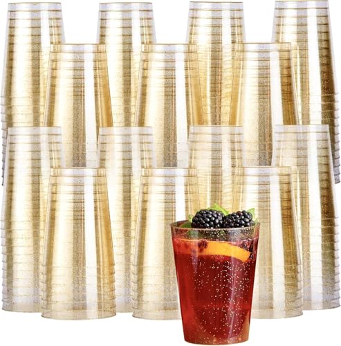 MATANA 100 Hartplastik Partybecher mit Goldglitter (285ml / 10oz) - Plastikbecher, Becher Gold, Trinkbecher, Kunststoffbecher für Geburtstage, Hochzeiten & Partys - Stabil & Mehrweg von MATANA