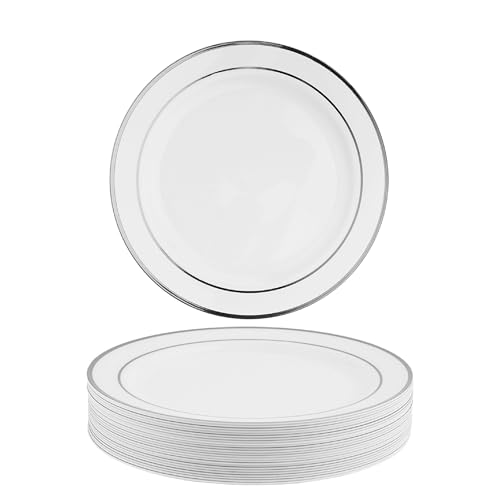MATANA 100 Premium Weiße Plastikteller mit Silbernem Rand, Mehrweg Kunststoffteller, 26cm - Partyteller für Hochzeiten, Geburtstage, Partys - Elegantes & Stabiles Partygeschirr MATANA 100 Premium Weiße Plastikteller mit Silbernem Rand, Mehrweg Kunststoffteller, 26cm - Partyteller für Hochzeiten, Geburtstage, Partys - Elegantes & Stabiles Partygeschirr von MATANA