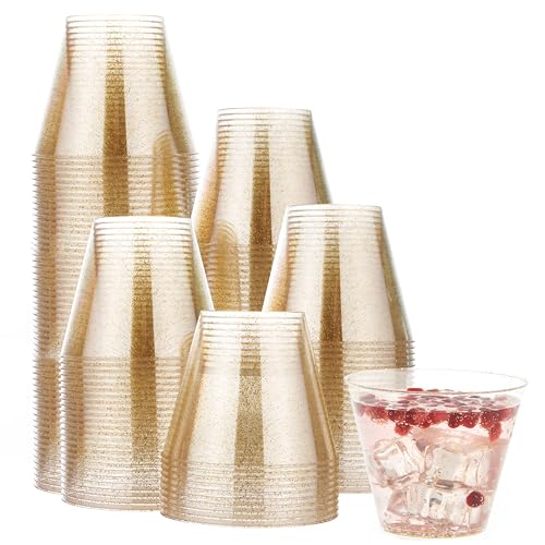 MATANA 120 Premium Plastikbecher, Partybecher, Trinkbecher mit Goldglitter (255ml / 9oz) - Hartplastik Becher, Kunststoffbecher, Mehrwegbecher, Cocktailgläser, Plastikgläser für Hochzeiten & Partys von MATANA