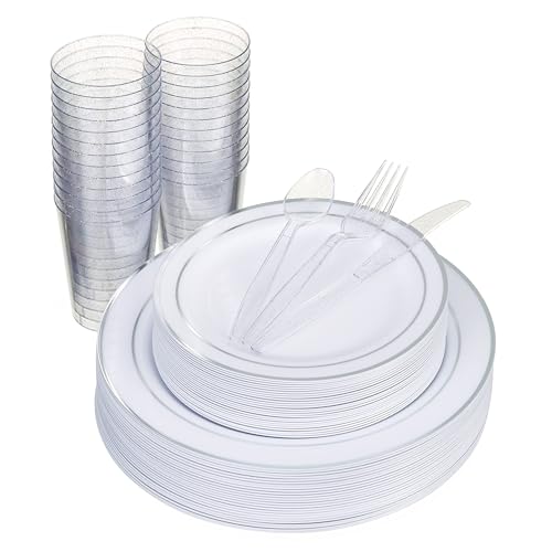 MATANA 300 Stück Mehrweg Partygeschirr Set in Weiß & Silber für 50 Gäste - 50 Plastikteller 50 Dessertteller 50 Löffel 50 Gabeln 50 Messer & 50 Partybecher - Hochzeiten, Geburtstage & Partys MATANA 300 Stück Mehrweg Partygeschirr Set in Weiß & Silber für 50 Gäste - 50 Plastikteller 50 Dessertteller 50 Löffel 50 Gabeln 50 Messer & 50 Partybecher - Hochzeiten, Geburtstage & Partys von MATANA