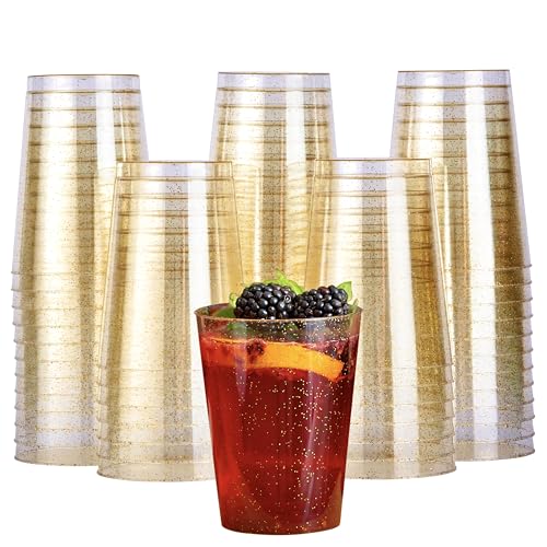 MATANA 50 Premium Plastikbecher, Partybecher, Trinkbecher mit Goldglitter (285ml / 10oz) - Hartplastik Becher, Kunststoffbecher, Mehrwegbecher, Cocktailgläser, Plastikgläser für Hochzeiten & Partys von MATANA