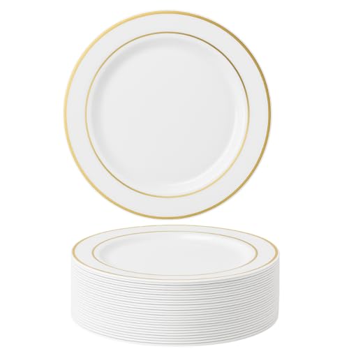 MATANA 50 Premium Weiße Plastikteller mit Goldrand, Mehrweg Kunststoffteller, 26cm - Partyteller Gold für Hochzeiten, Geburtstage, Partys - Elegantes & Stabiles Partygeschirr MATANA 50 Premium Weiße Plastikteller mit Goldrand, Mehrweg Kunststoffteller, 26cm - Partyteller Gold für Hochzeiten, Geburtstage, Partys - Elegantes & Stabiles Partygeschirr von MATANA