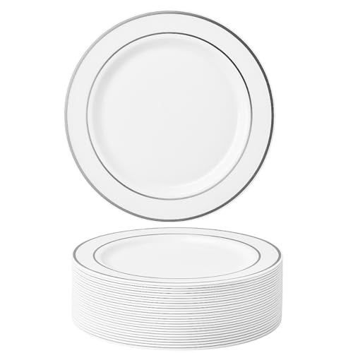 MATANA 50 Premium Weiße Plastikteller mit Silbernem Rand, Mehrweg Kunststoffteller, 26cm - Partyteller für Hochzeiten, Geburtstage, Partys - Elegantes & Stabiles Partygeschirr MATANA 50 Premium Weiße Plastikteller mit Silbernem Rand, Mehrweg Kunststoffteller, 26cm - Partyteller für Hochzeiten, Geburtstage, Partys - Elegantes & Stabiles Partygeschirr von MATANA