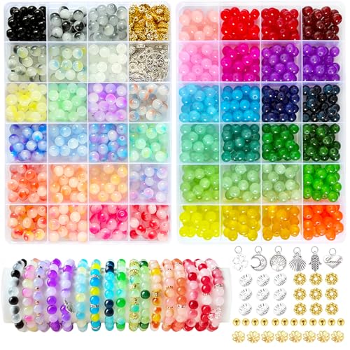 MATVHRUI 1100 Stück 8mm Bunte Glasperlen zum Basteln, 46 Farben runde Bunte Basteln Perlen Schmucksteine, DIY Perlen für die Herstellung von Armbänder Halsketten Ohrringe von MATVHRUI