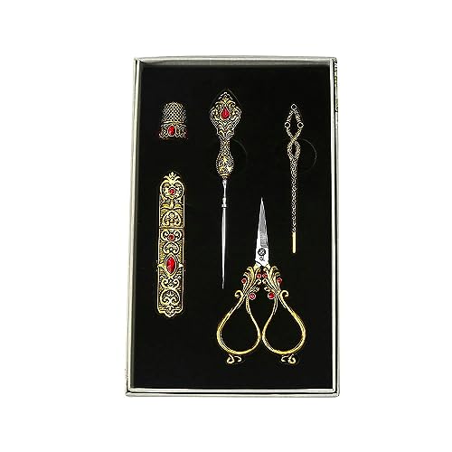 5 Teile/Set Vintage Europäischen Stil Schneiderschere Kit mit Fingerhut Stickerei Handarbeit Garn Schere für Nähen Schere (Gold) von MATYASIGO