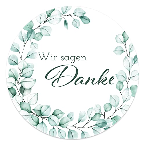 Danke Aufkleber rund 4,5 cm - Wir sagen Danke Sticker ideal für Hochzeit, Geburtstag, Dankeskarten & Give Aways (40x Stück, Eukalyptus Kranz) von MAVANTO