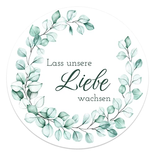 Lass unsere Liebe wachsen Aufkleber rund 4,5 cm - Hochzeit Sticker ideal für Blumensamen Gastgeschenk in vielen verschiedenen Designs (20x Stück, Eukalyptus) von MAVANTO