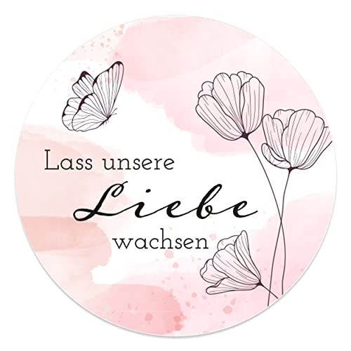 Lass unsere Liebe wachsen Aufkleber rund 4,5 cm - Hochzeit Sticker ideal für Blumensamen Gastgeschenk in vielen verschiedenen Designs (40x Stück, Schmetterling) von MAVANTO