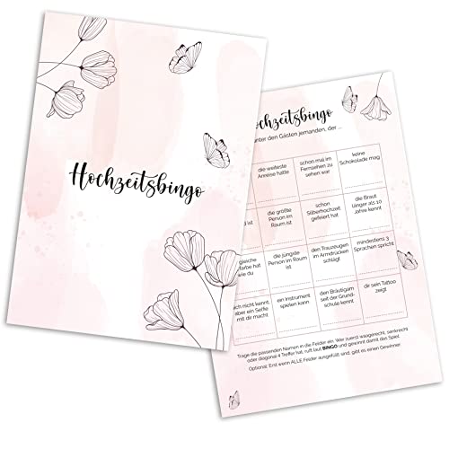MAVANTO Hochzeitsbingo Karten mit je 16 Aufgaben - Lustiges Hochzeitsspiel für Gäste zum Kennenlernen (Schmetterling, 50x Stück) von MAVANTO