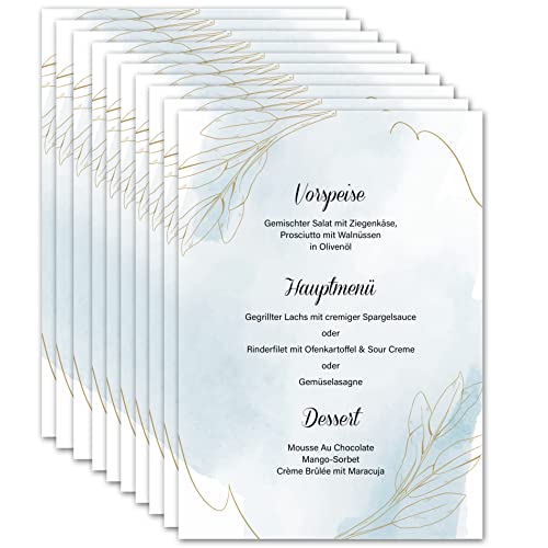 Menükarten Hochzeit zum Bedrucken DIN A5 - Blanko Speisekarten Getränkekarten individuell anpassbar für verschiedene Anlässe (10x Stück, Goldblätter) von MAVANTO